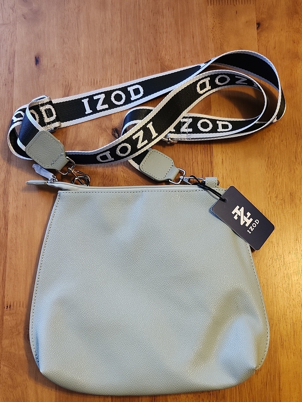 NWT Izod Sage Green Leather Crossbody with Black & White Logo Strap